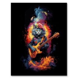 "Artery8 Wall Art Print Smelly Cat Lover Gift Pet Portrait with Guitar Conceptual Orange Blue Purple Artwork Painting Art Framed - Size: W12"" x H16""" - thumbnail 1