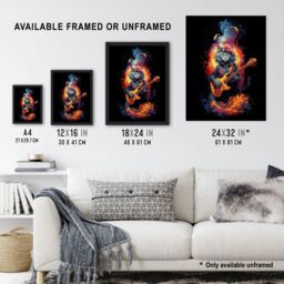 "Artery8 Wall Art Print Smelly Cat Lover Gift Pet Portrait with Guitar Conceptual Orange Blue Purple Artwork Painting Art Framed - Size: W12"" x H16""" - thumbnail 3