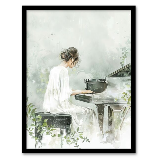 "Artery8 Pianist Playing Piano Misty Forest Watercolour Framed Art Print in Green - Size: W12"" x H16""" - image 1