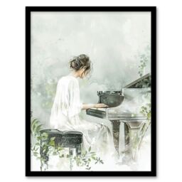 "Artery8 Pianist Playing Piano Misty Forest Watercolour Framed Art Print in Green - Size: W12"" x H16""" - thumbnail 1