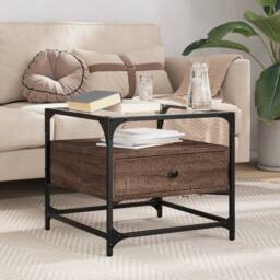 Berkfield Home Coffee Table with Glass Top Brown Oak 50x50x45 cm Steel - Size: 50 x 50 x 45 cm - thumbnail 2