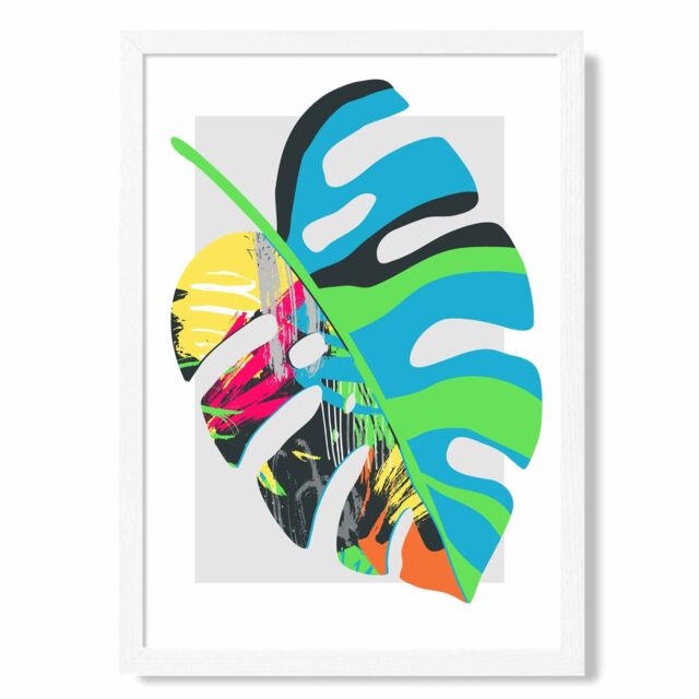 ARTZE Monstera Blue & Green Abstract Minimalist Framed Print SIZE: A4 with White Frame in Mid Blue - image 1