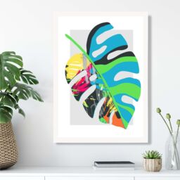 ARTZE Monstera Blue & Green Abstract Minimalist Framed Print SIZE: A4 with White Frame in Mid Blue - thumbnail 2