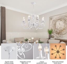 Garwarm French Country Chandeliers Kitchen Island Candle Iron Chandelier Industrial Vintage Pendant Light Fixture for Farmhouse in White - thumbnail 3