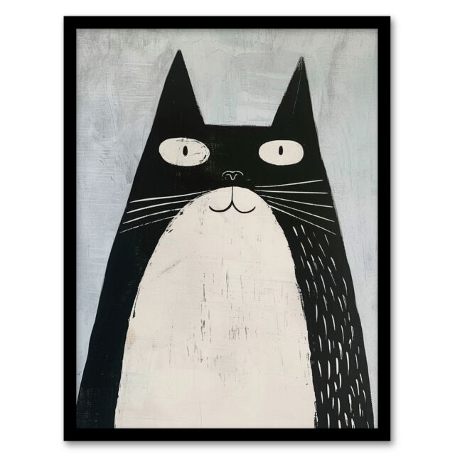 "Artery8 Cute Black White Tuxedo Cat Lover Pet Painting Framed Wall Art - Size: W12"" x H16""" - image 1