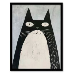 "Artery8 Cute Black White Tuxedo Cat Lover Pet Painting Framed Wall Art - Size: W12"" x H16""" - thumbnail 1