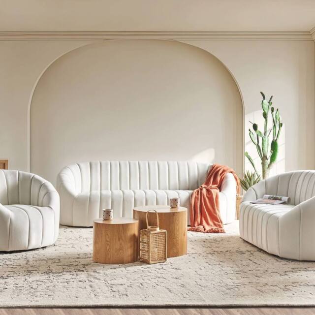 Wyld and Coco 6-Seater Off-White Velvet Tufted Sofa Set - Low Back in White - image 1