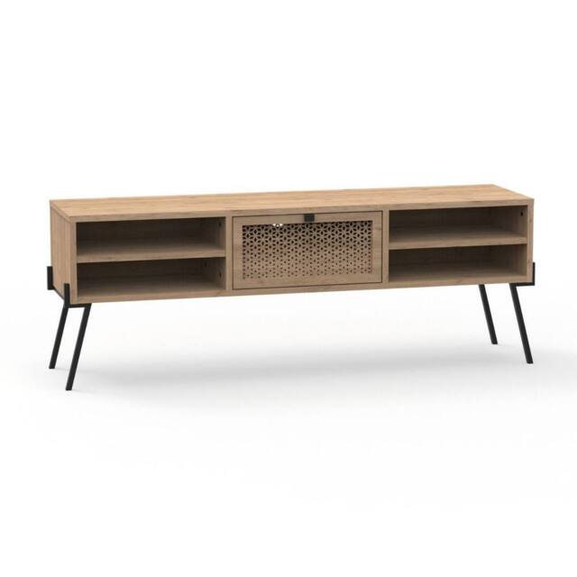 CALICOSY TV Stand With 1 Door, 4 Shelves & Metal Legs, 140 Cm Wide - Evan in Light Brown - image 1
