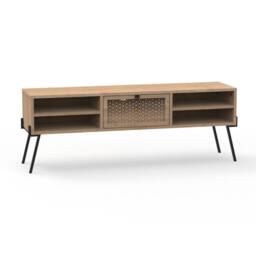 CALICOSY TV Stand With 1 Door, 4 Shelves & Metal Legs, 140 Cm Wide - Evan in Light Brown