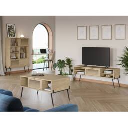 CALICOSY TV Stand With 1 Door, 4 Shelves & Metal Legs, 140 Cm Wide - Evan in Light Brown - thumbnail 2