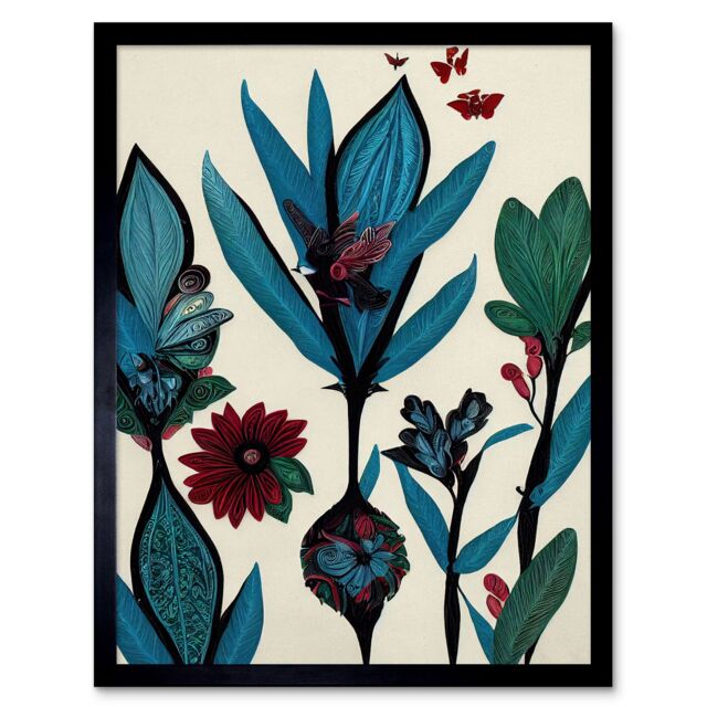 "Artery8 Wall Art Print Abstract Paper Quilling Floral Blooms Flowers Butterflies Blue Burgundy Green Cream Art Framed in Black - Size: W12"" x H16""" - image 1