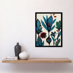 "Artery8 Wall Art Print Abstract Paper Quilling Floral Blooms Flowers Butterflies Blue Burgundy Green Cream Art Framed in Black - Size: W12"" x H16""" - thumbnail 2