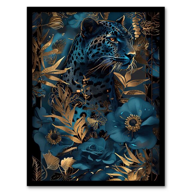 "Artery8 Elegant Cheetah With Blue Gold Jungle Flowers Framed Art Print in Dark Blue - Size: W12"" x H16""" - image 1