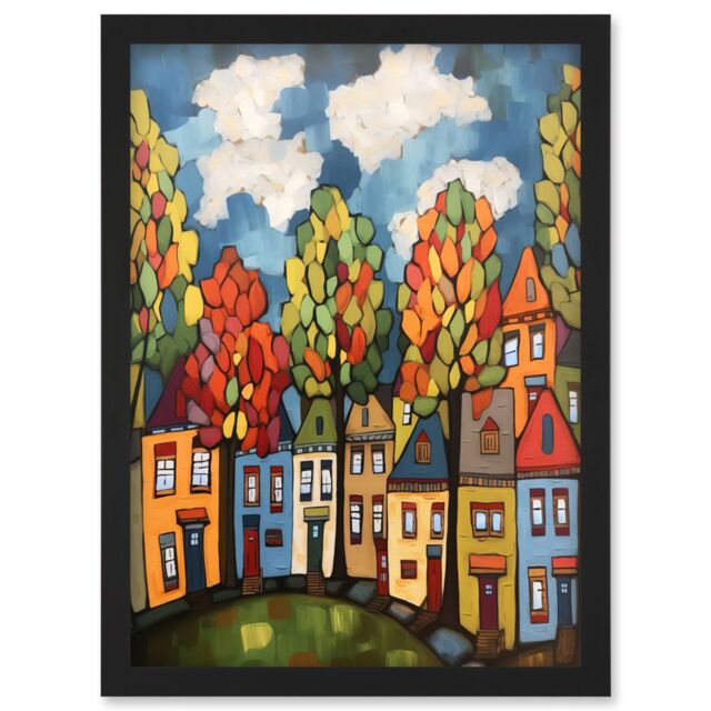 Artery8 Multicoloured Row Of Houses With Autumn Trees Contemporary Folk Art Painting Artwork Framed Wall Art Print A4 in Black - image 1