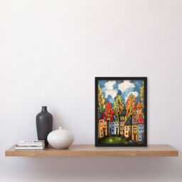Artery8 Multicoloured Row Of Houses With Autumn Trees Contemporary Folk Art Painting Artwork Framed Wall Art Print A4 in Black - thumbnail 2