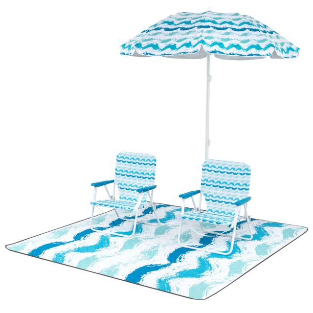 Gymax 4 Pieces Beach Umbrella Set Portable Parasol With Foldable Chairs-Blue in Blue - image 1