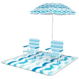 Gymax 4 Pieces Beach Umbrella Set Portable Parasol With Foldable Chairs-Blue in Blue