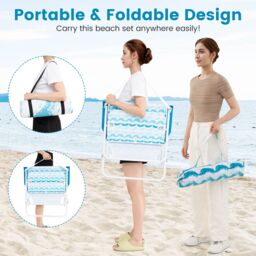 Gymax 4 Pieces Beach Umbrella Set Portable Parasol With Foldable Chairs-Blue in Blue - thumbnail 8