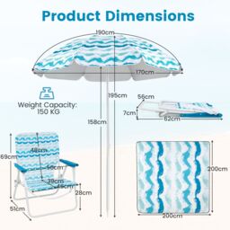 Gymax 4 Pieces Beach Umbrella Set Portable Parasol With Foldable Chairs-Blue in Blue - thumbnail 2