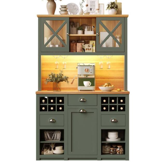 Merax Green Kitchen Dresser with LED, Wine Storage & Coffee Bar Station - image 1