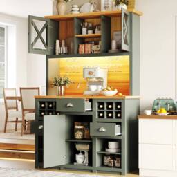 Merax Green Kitchen Dresser with LED, Wine Storage & Coffee Bar Station - thumbnail 5
