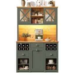 Merax Green Kitchen Dresser with LED, Wine Storage & Coffee Bar Station