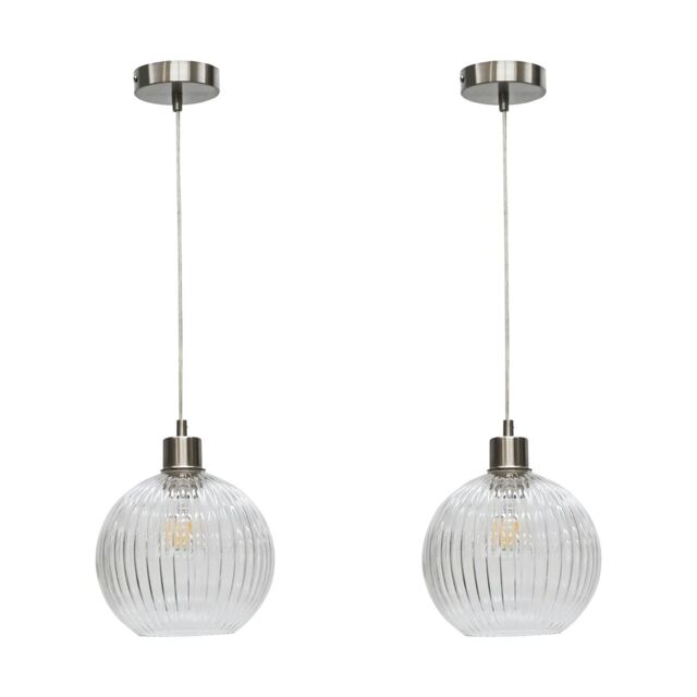 First Choice Lighting Set of 2 Betchley - Clear Ribbed Glass Globe with Satin Nickel Pendant - image 1