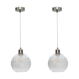 First Choice Lighting Set of 2 Betchley - Clear Ribbed Glass Globe with Satin Nickel Pendant - thumbnail 1