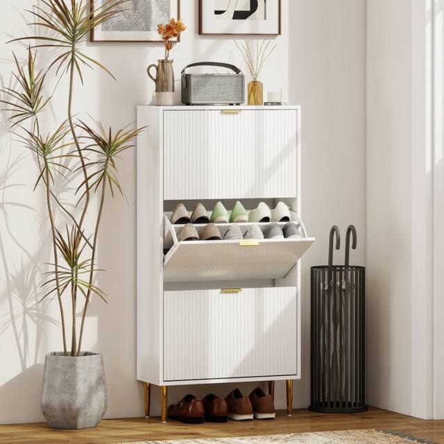HOMCOM Slim Shoe Storage Cabinet with Flip Drawers for Hallway in White - image 1