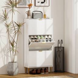 HOMCOM Slim Shoe Storage Cabinet with Flip Drawers for Hallway in White - thumbnail 1