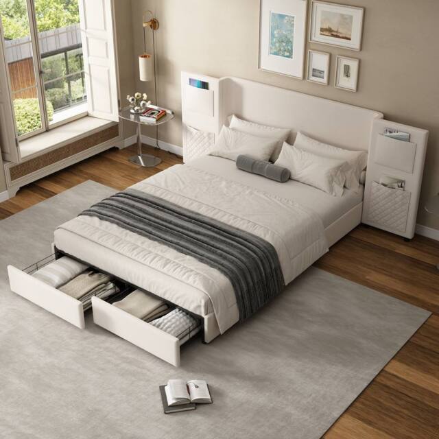 BTM Upholstered double bed 4ft6 with storage headboard & drawers in Beige - image 1