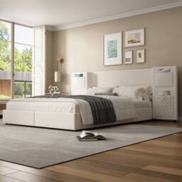 BTM Upholstered double bed 4ft6 with storage headboard & drawers in Beige - thumbnail 2