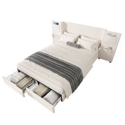 BTM Upholstered double bed 4ft6 with storage headboard & drawers in Beige - thumbnail 8