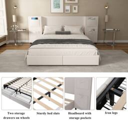 BTM Upholstered double bed 4ft6 with storage headboard & drawers in Beige - thumbnail 6