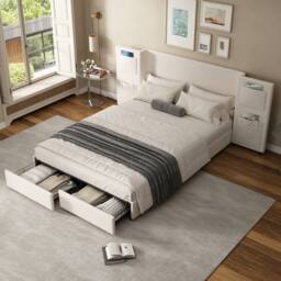 BTM Upholstered double bed 4ft6 with storage headboard & drawers in Beige - thumbnail 1