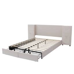 BTM Upholstered double bed 4ft6 with storage headboard & drawers in Beige - thumbnail 7