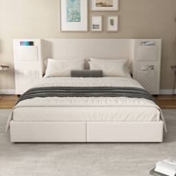 BTM Upholstered double bed 4ft6 with storage headboard & drawers in Beige - thumbnail 3