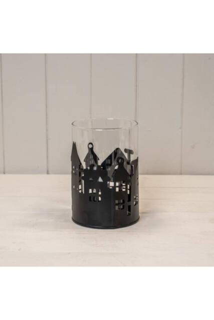 KDMD Medium Black Metal House Scene Candle Holder with Glass Insert - image 1