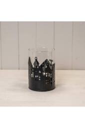 KDMD Medium Black Metal House Scene Candle Holder with Glass Insert - thumbnail 2