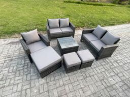 Fimous 8 Seater Outdoor Rattan Garden Furniture Set Conservatory Patio Sofa Coffee Table Set with Chair 3 Footstools Dark Grey Mixed - thumbnail 2