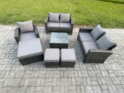 Fimous 8 Seater Outdoor Rattan Garden Furniture Set Conservatory Patio Sofa Coffee Table Set with Chair 3 Footstools Dark Grey Mixed - thumbnail 1