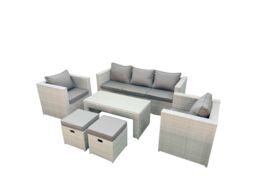 Fimous Rattan Garden Furniture Set 7 Seater Outdoor Garden Sofa Oblong Coffee Table Set with 2 Chairs 2 Stools Light Grey Mixed - thumbnail 2