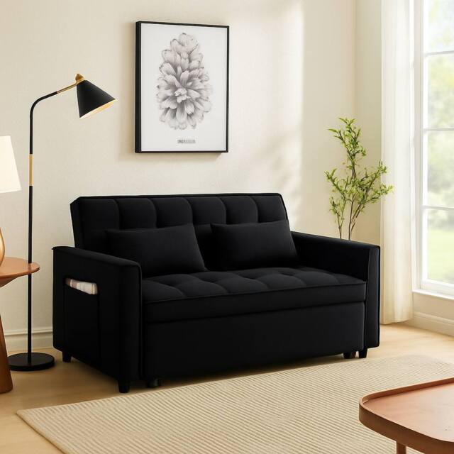 SquareBoxx Palermo 2 Seater Sofa Bed Pull Out Convertible Double Sofa Bed in Black - image 1