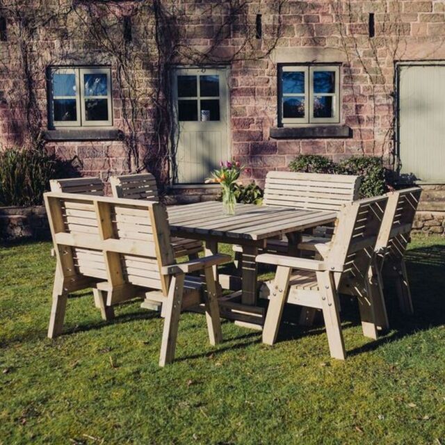 Churnet Valley Garden Furniture Ltd Ergo Square Table with 2 Bench & 4 Chairs - Min. Assembly Required in Brown - image 1