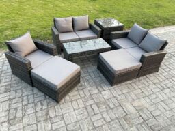 Fimous 7 Seater Outdoor Rattan Patio Furniture Set Garden Lounge Sofa Set with Side Table 2 Big Footstool Coffee Table Dark Grey Mixed - thumbnail 2