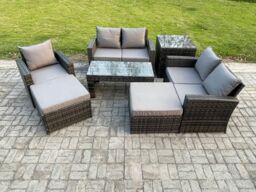 Fimous 7 Seater Outdoor Rattan Patio Furniture Set Garden Lounge Sofa Set with Side Table 2 Big Footstool Coffee Table Dark Grey Mixed - thumbnail 1
