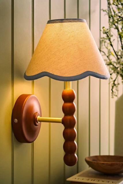ValueLights Bobbins Walnut Bobble Wall Light & Linen Trim Lamp Shade in Baby Blue - image 1