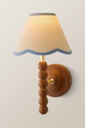 ValueLights Bobbins Walnut Bobble Wall Light & Linen Trim Lamp Shade in Baby Blue - thumbnail 3