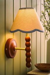 ValueLights Bobbins Walnut Bobble Wall Light & Linen Trim Lamp Shade in Baby Blue - thumbnail 2