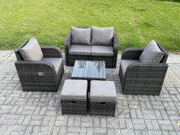 Fimous Rattan Garden Furniture Set Patio Conservatory Indoor Outdoor 6 Piece Set with Love Sofa Square Coffee Table in Dark Grey - thumbnail 1